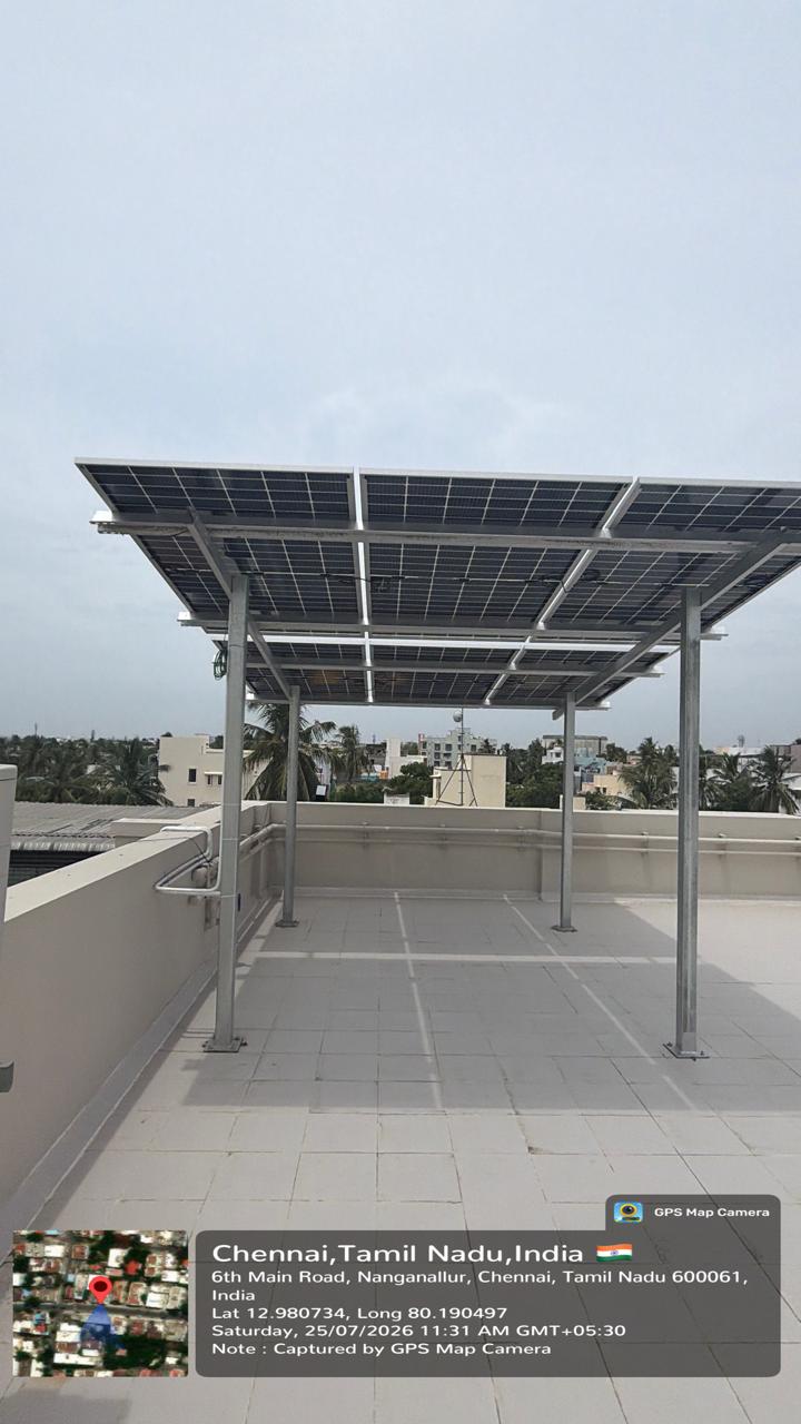 Solar panel installation at Nanganallur, Chennai — elevated terrace solar canopy.