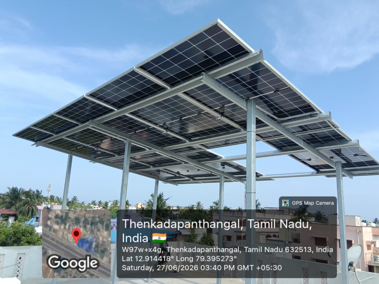 Solar panel installation at Thenkadapanthangal, Vellore district — large elevated bifacial array.