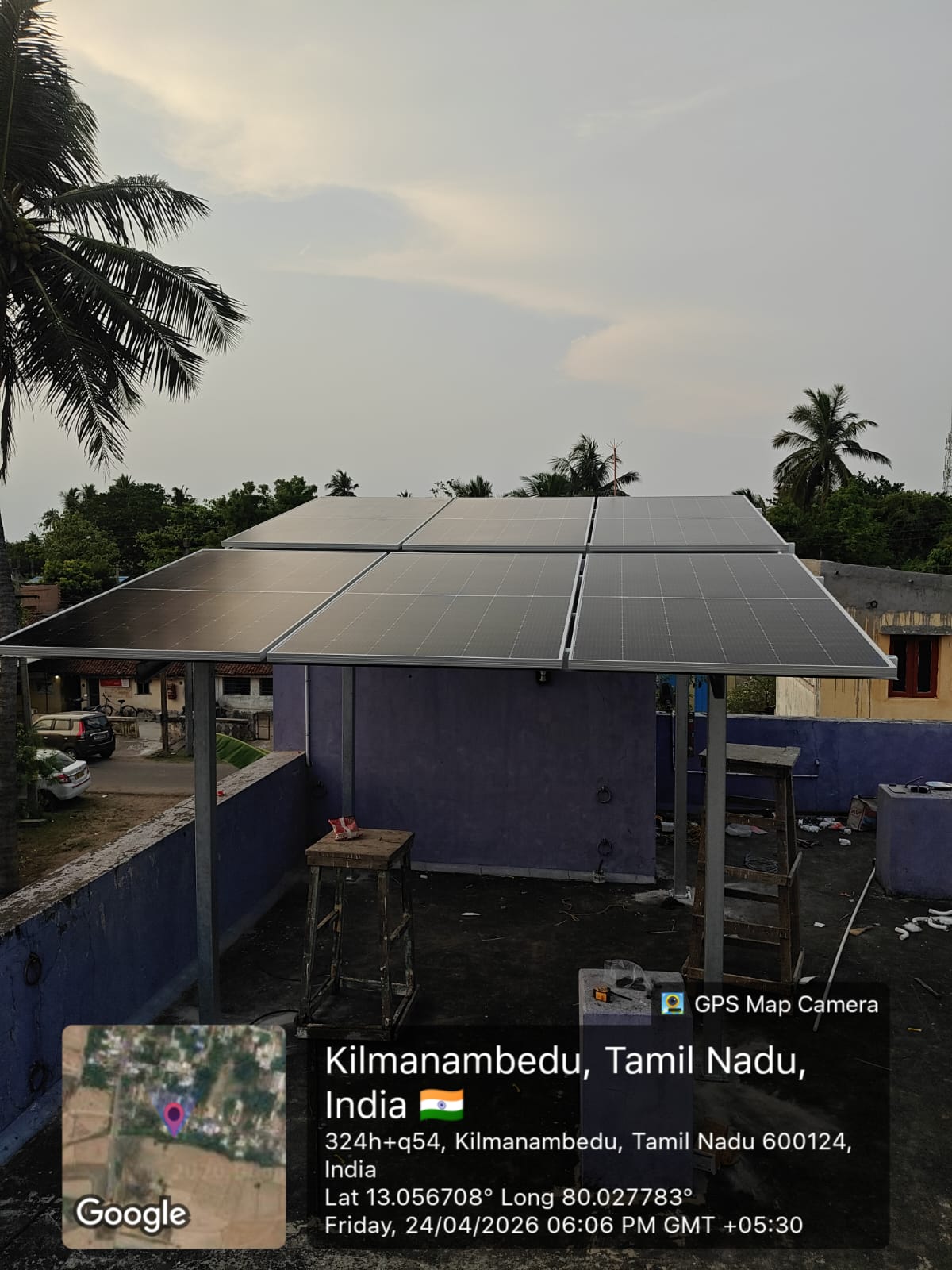 Solar panel installation at Kilmanambedu — six-panel elevated rooftop array.