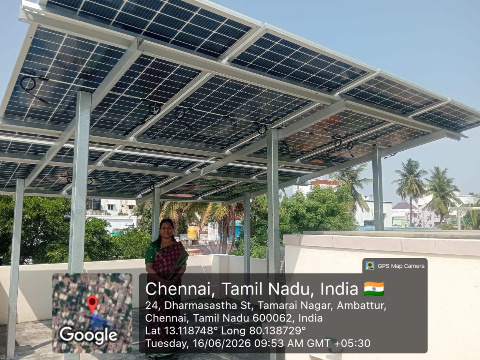 Solar panel installation at Tamarai Nagar, Ambattur — large elevated rooftop solar canopy.