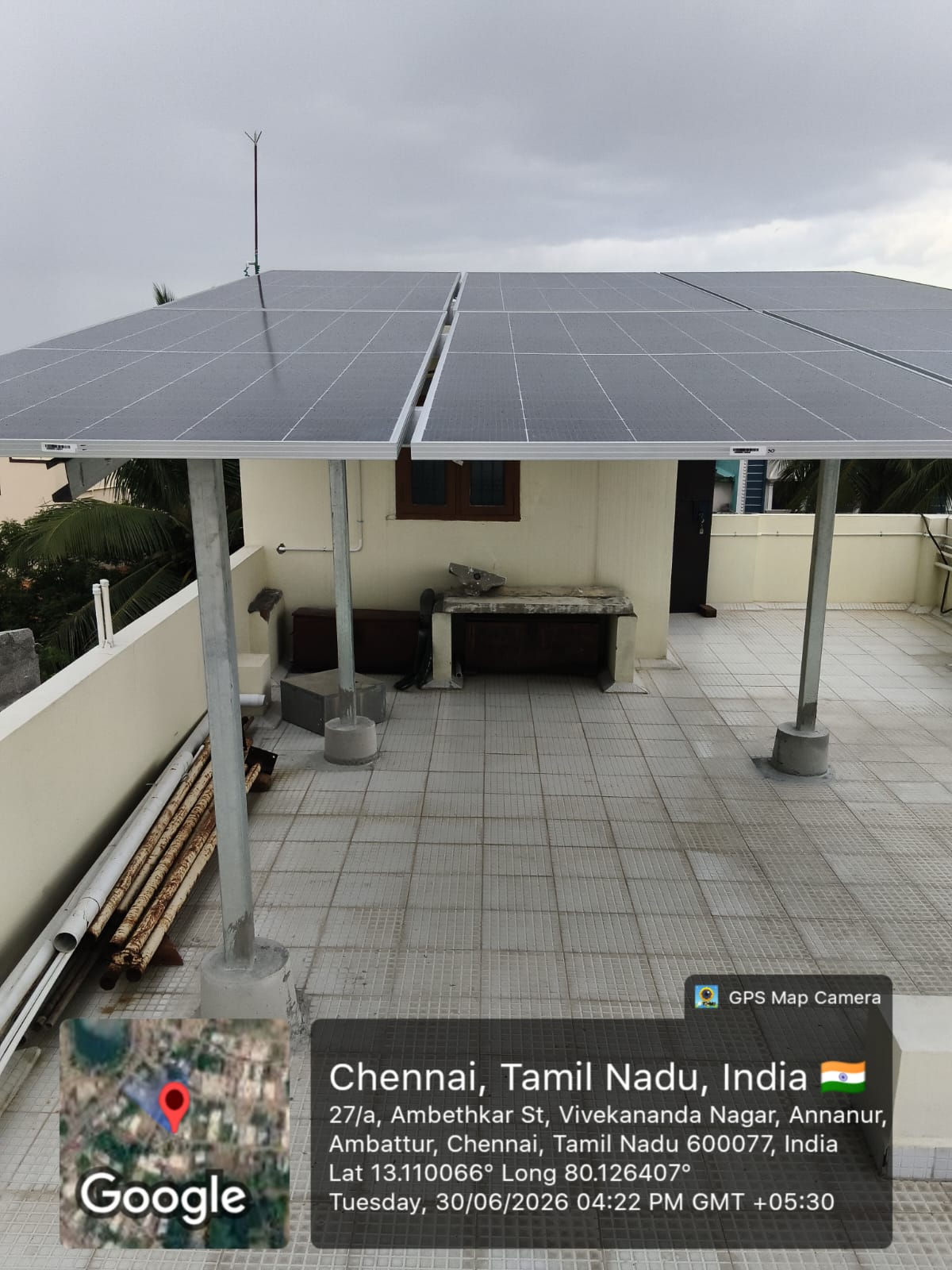 Solar panel installation at Annanur, Ambattur — large elevated rooftop solar array.