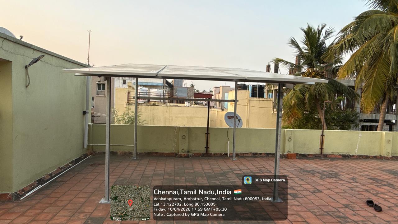 Solar panel installation at Venkatapuram, Ambattur — elevated terrace solar canopy.