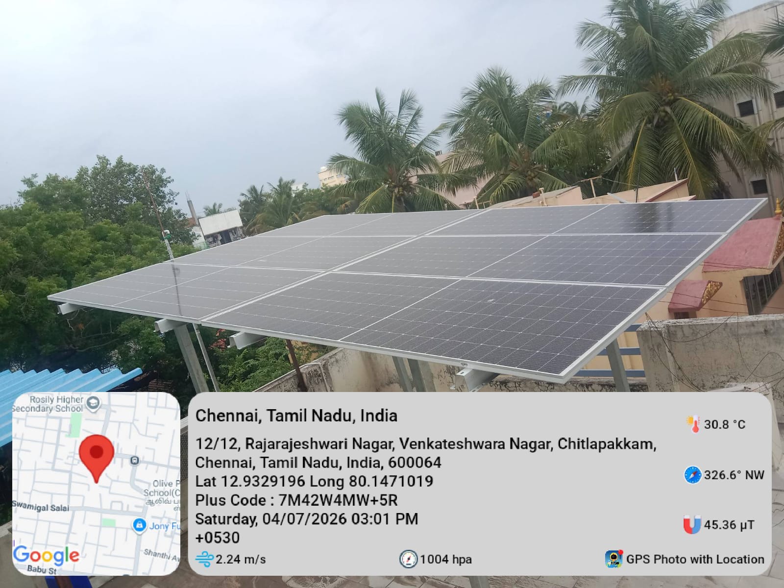 Solar panel installation at Chitlapakkam, Chennai — tilted rooftop mono PERC array.