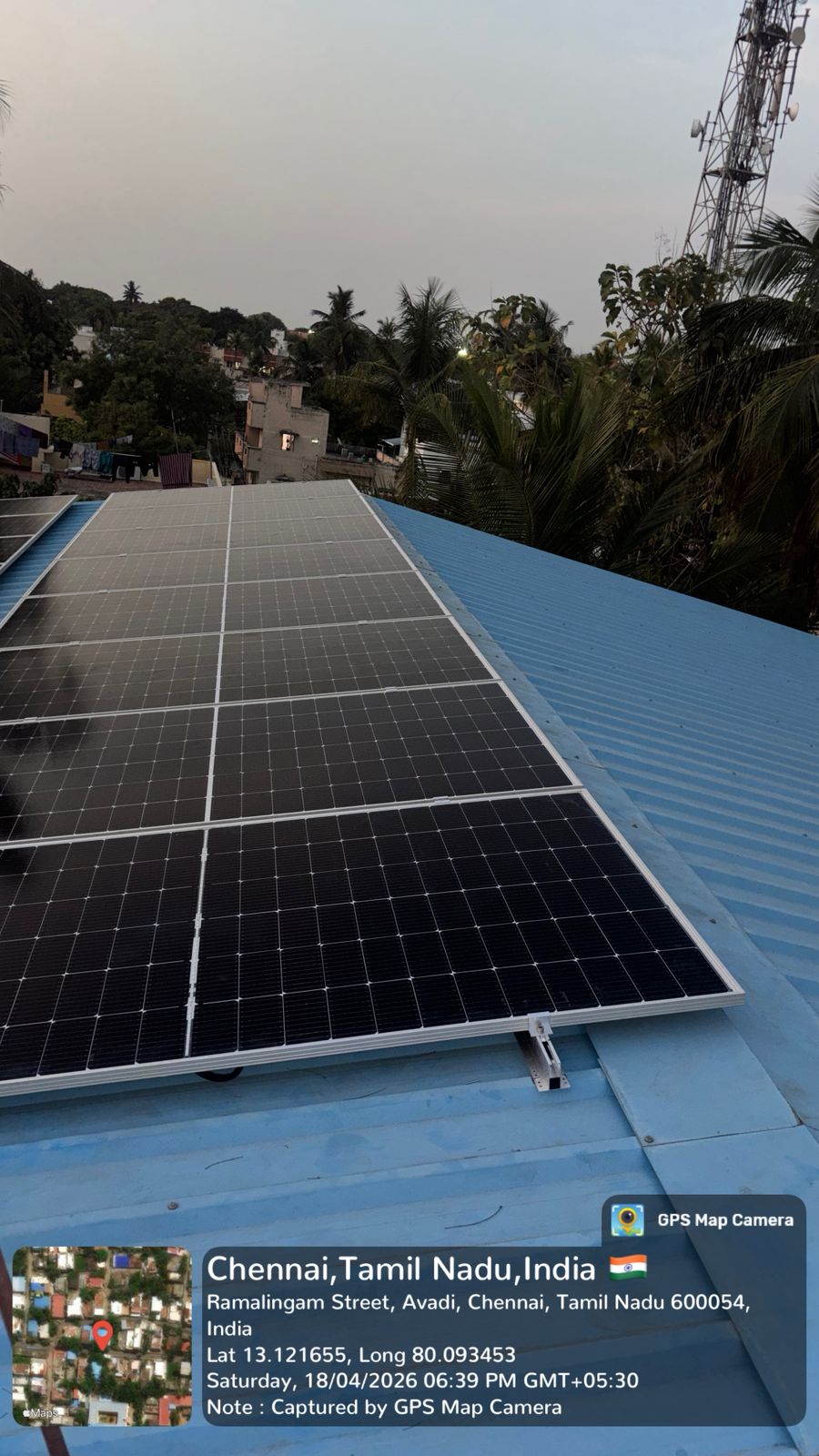 Solar panel installation at Ramalingam Street, Avadi — flush-mounted array on metal sheet roof.