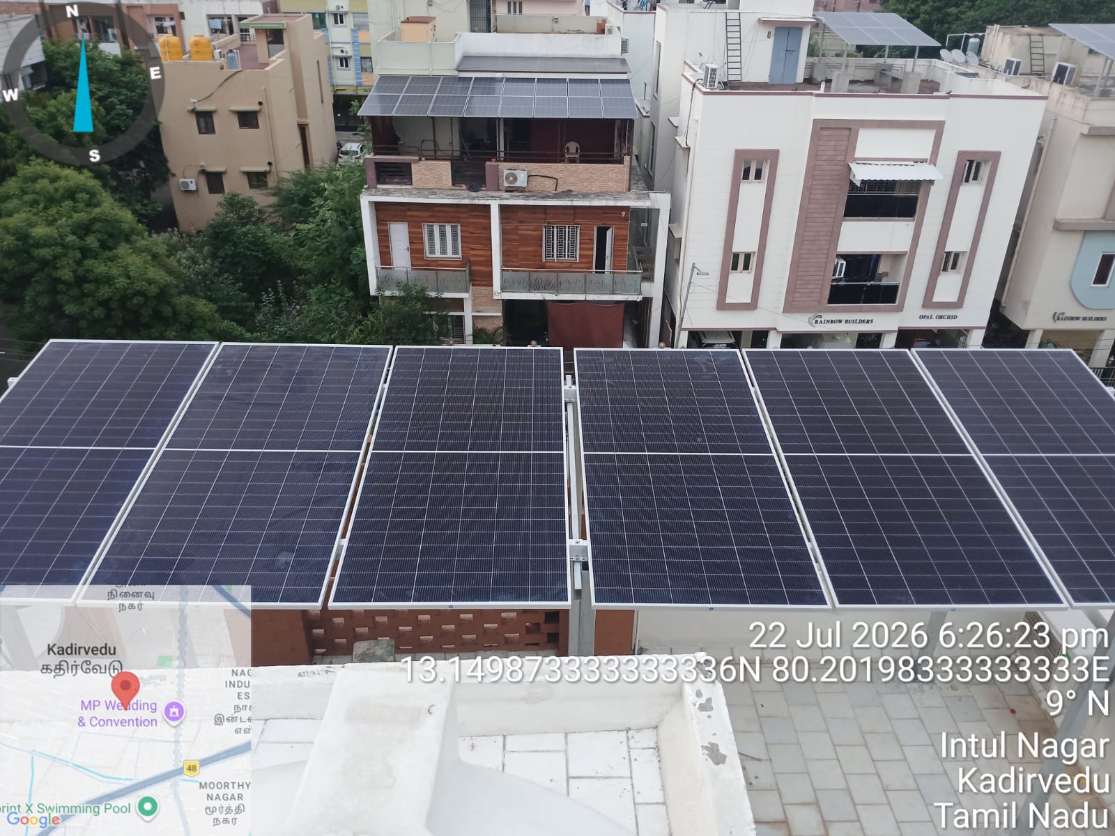 Solar panel installation at Kadirvedu, Chennai — six-panel north-facing rooftop array.