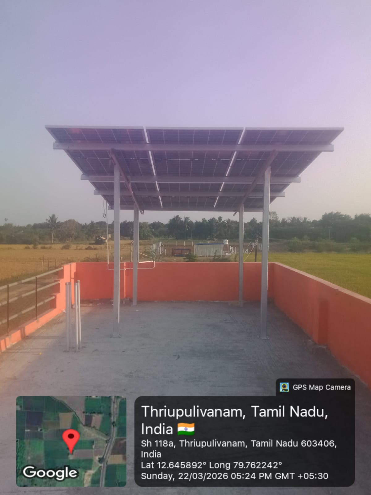 Solar panel installation at Thriupulivanam, Tamil Nadu — elevated terrace canopy array.