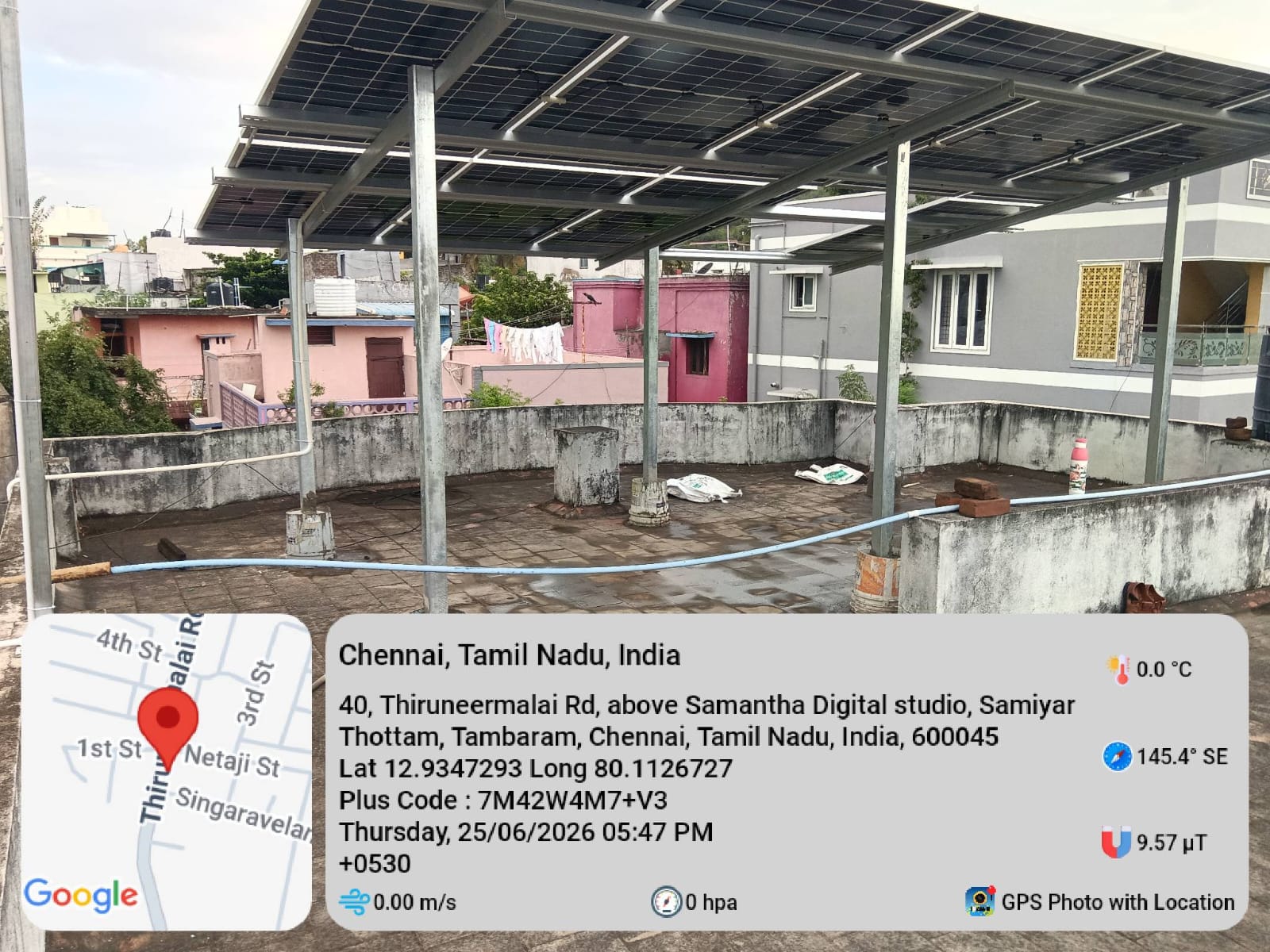Solar panel installation at Tambaram, Chennai — full rooftop elevated shed array.