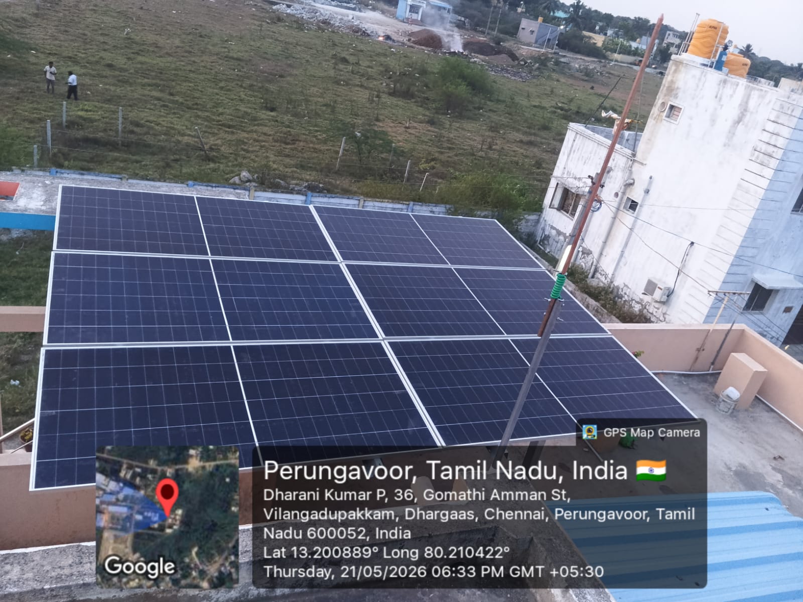 Solar panel installation at Vilangadupakkam, Perungavoor — twelve-panel tilted rooftop array.