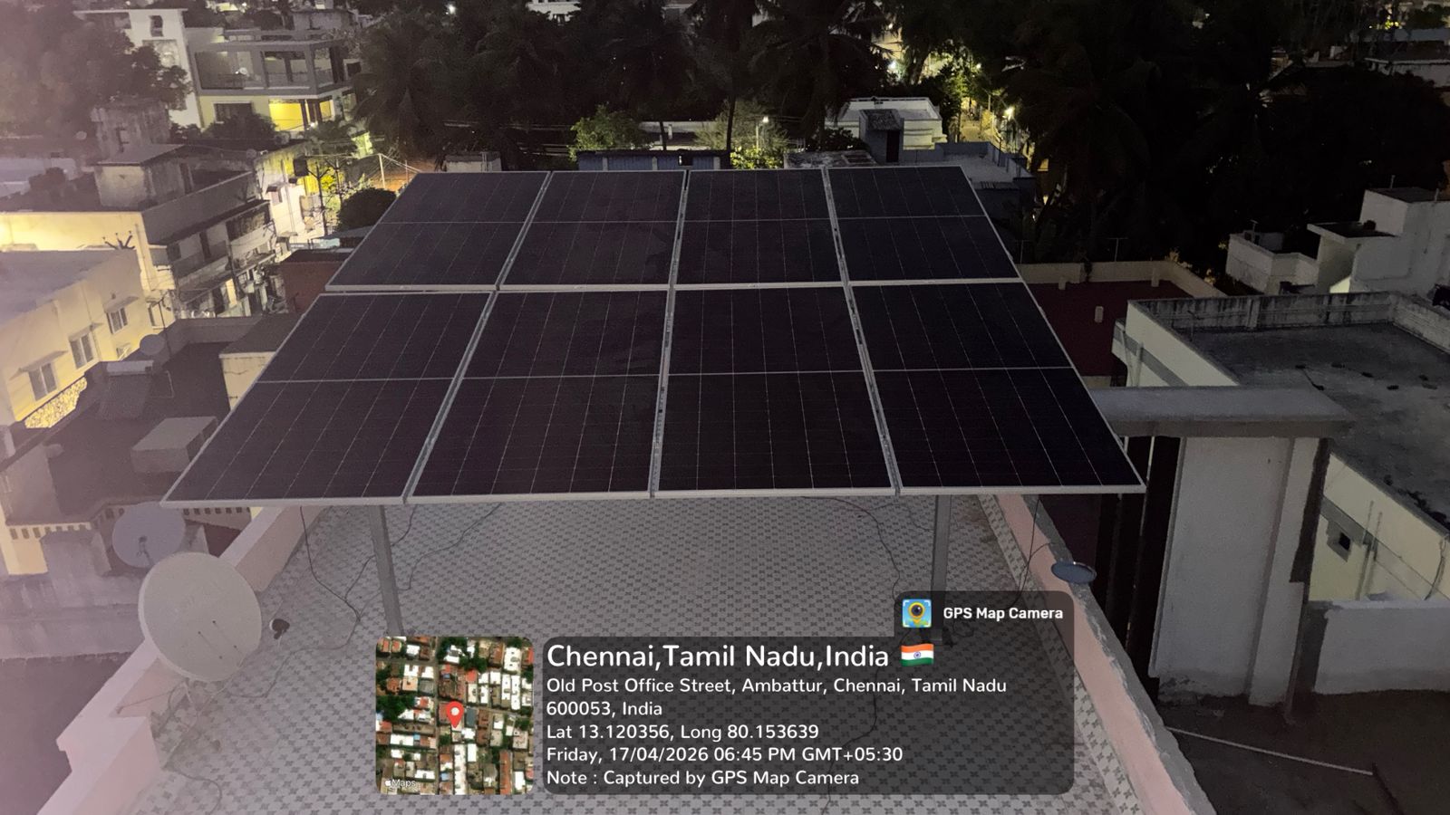 Solar panel installation at Old Post Office Street, Ambattur — eight-panel elevated rooftop array.