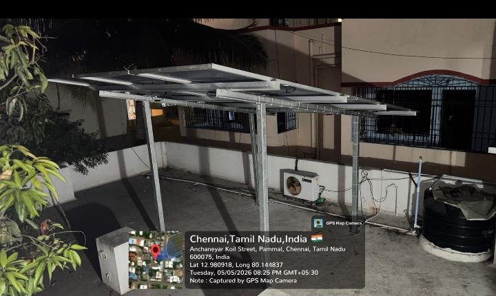 Solar panel installation at Anchaneyar Koil Street, Pammal — elevated courtyard solar structure.