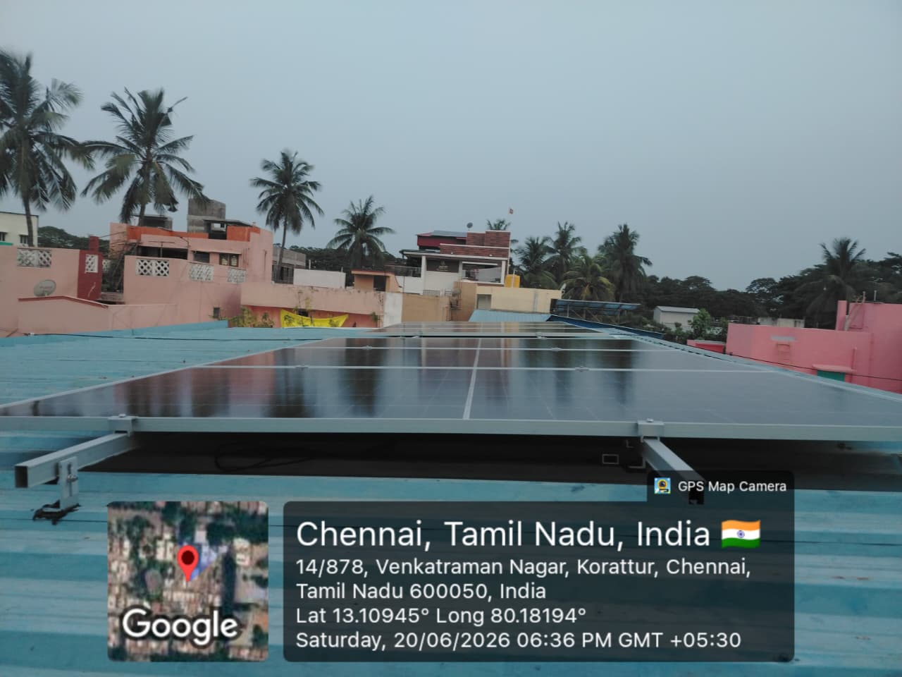 Solar panel installation at Korattur, Chennai — flush-mounted array on sheet roof.