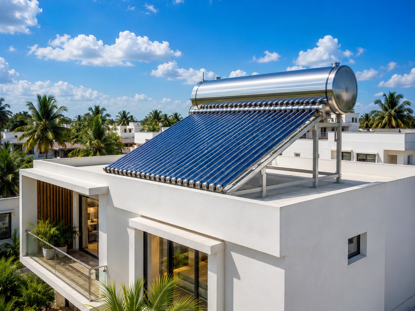 Solar water heater installed on a rooftop in Tamil Nadu