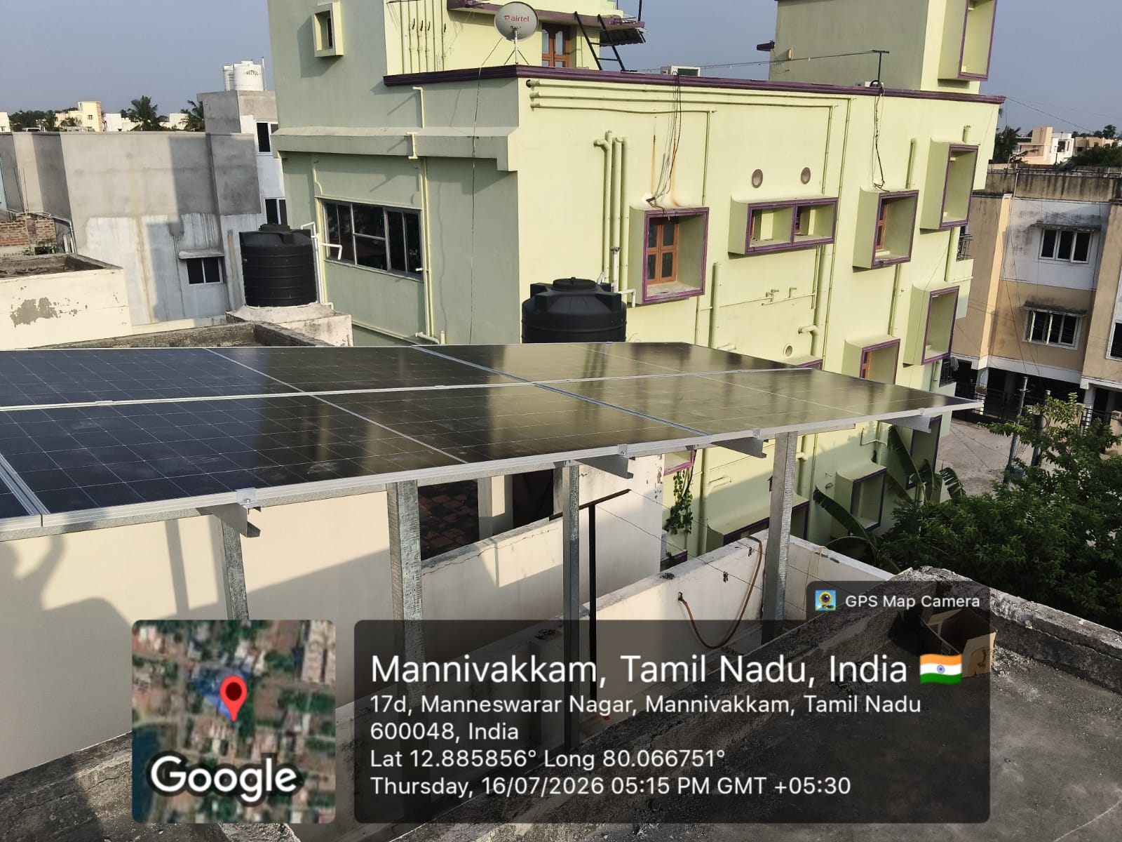 Solar panel installation at Mannivakkam, Chennai — flush terrace-mounted array.