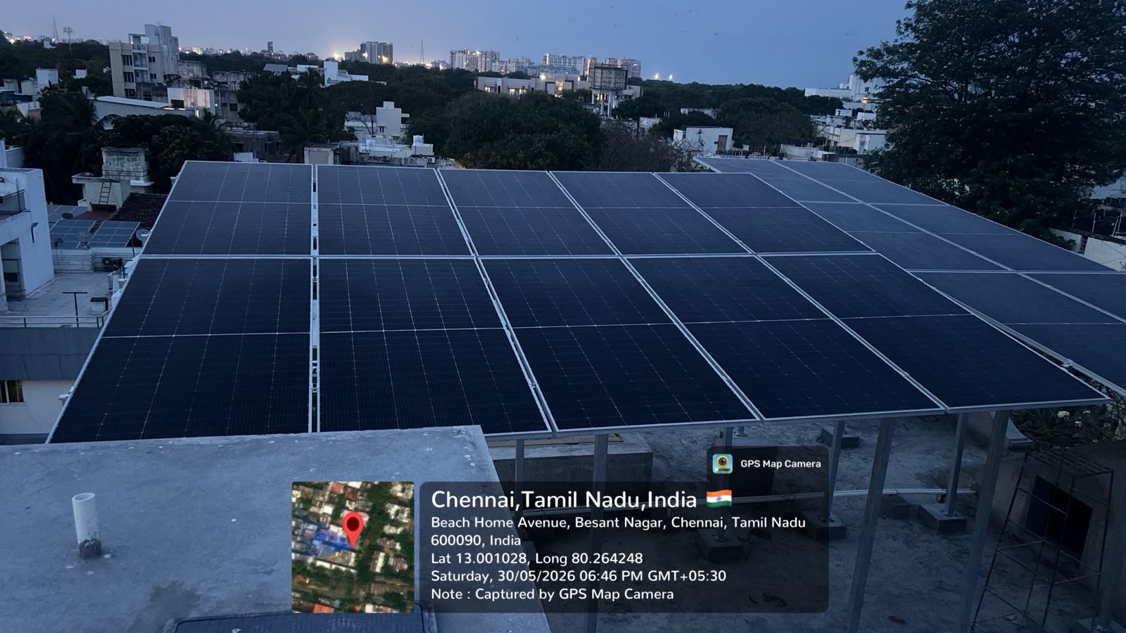 Solar panel installation at Beach Home Avenue, Besant Nagar — large high-capacity rooftop array.