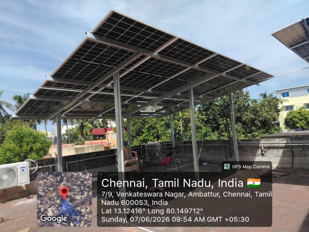 Solar panel installation at Venkateswara Nagar, Ambattur — bifacial elevated rooftop array.