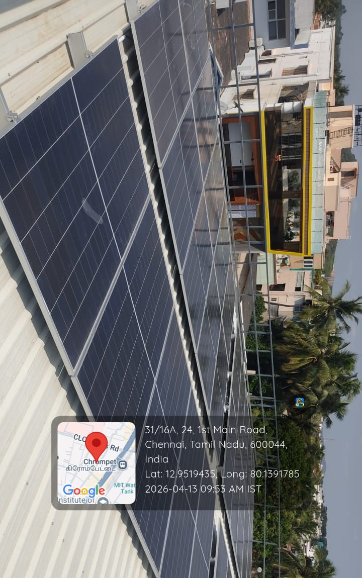 Solar panel installation at Chromepet, Chennai — sheet-roof mounted commercial solar array.