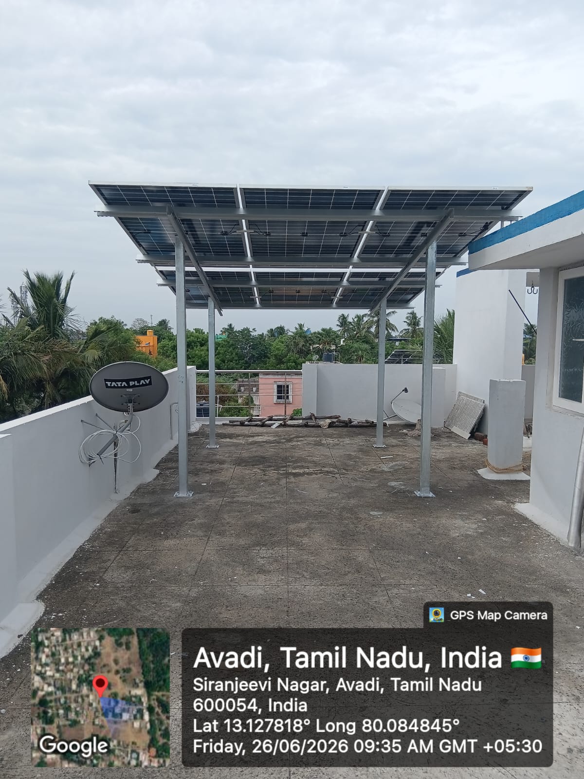Solar panel installation at Avadi, Chennai — elevated terrace-mounted solar structure.