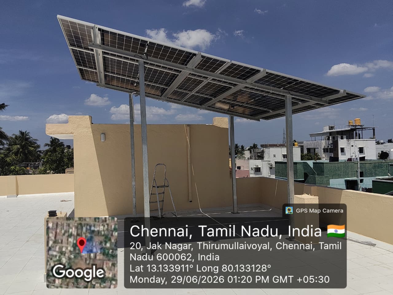 Solar panel installation at Thirumullaivoyal, Chennai — high-clearance elevated array.