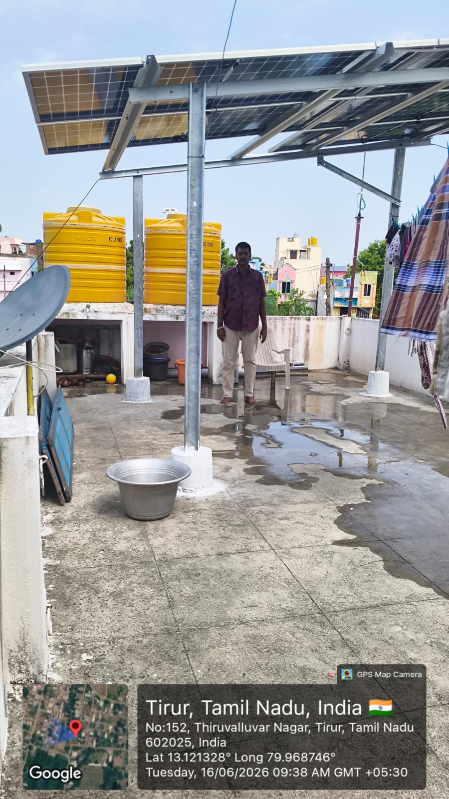 Solar panel installation at Tirur, Tiruvallur — tilt-mounted elevated rooftop array.