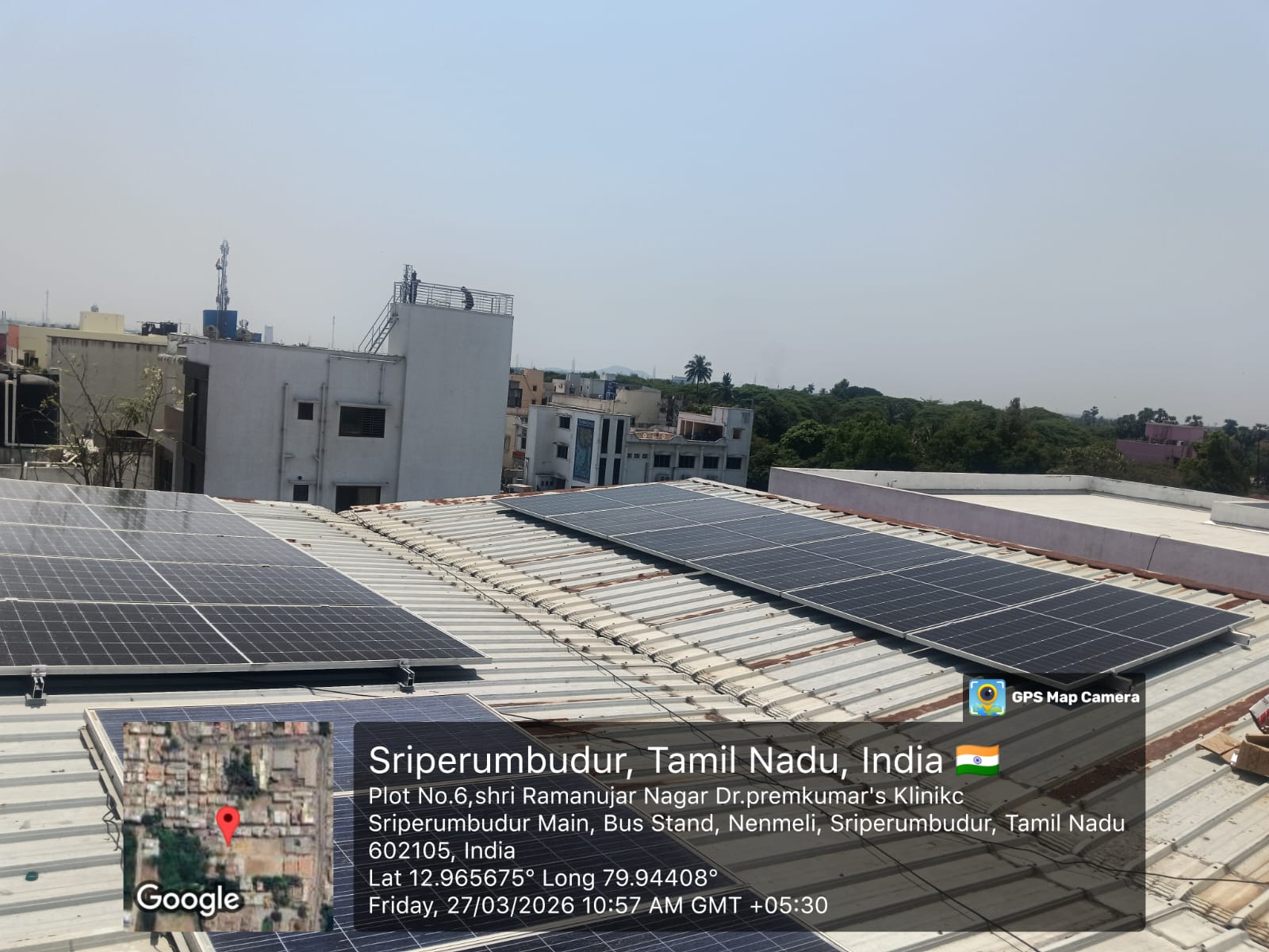 Solar panel installation at Sriperumbudur, Tamil Nadu — commercial metal-roof array.