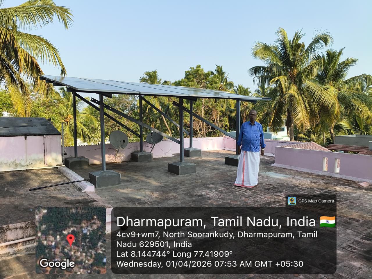 Solar panel installation at Dharmapuram, Kanyakumari — elevated tilt-frame rooftop array.