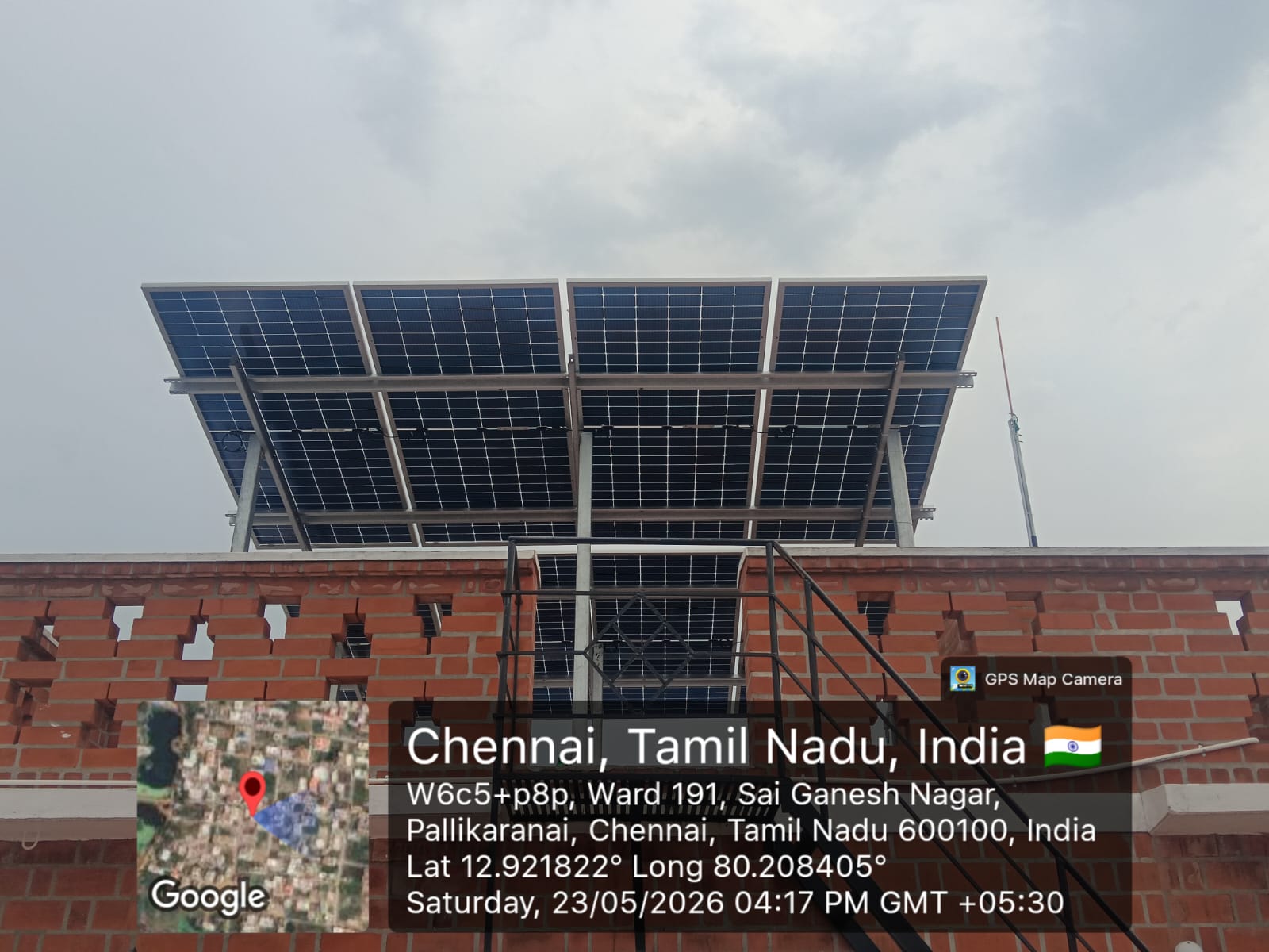 Solar panel installation at Sai Ganesh Nagar, Pallikaranai — tilted elevated rooftop array.